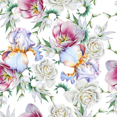 Çiçekli parlak, pürüzsüz bir desen. Gül. İris. Suluboya çizimi. El çizimi.