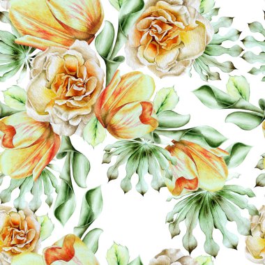 Çiçekli parlak, pürüzsüz bir desen. Gül. Lale. Suluboya çizimi. El çizimi.