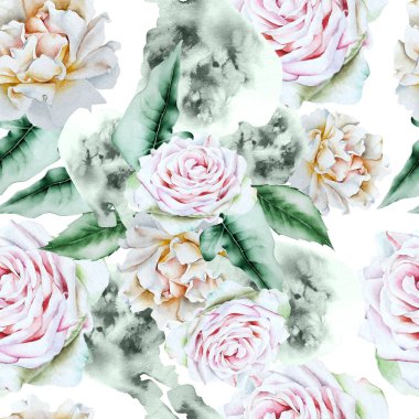 Çiçekli parlak, pürüzsüz bir desen. Gül. Suluboya çizimi. El çizimi.