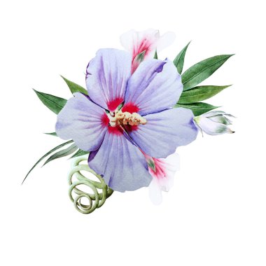 Çiçekli suluboya buket. Hibiscus. Yucca. İllüzyon. El çizimi.