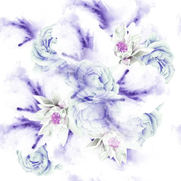 Padrão Sem Costura Brilhante Com Flores Ilustração Aquarela Rose Lily — Fotografia de Stock