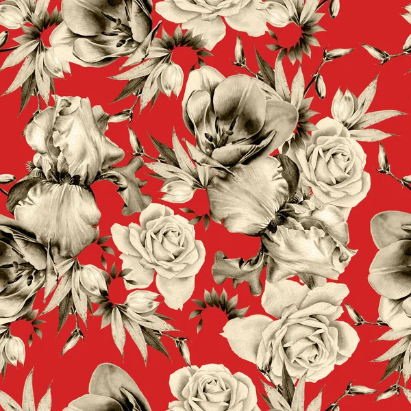 Helles Nahtloses Muster Mit Blumen Rose Iris Aquarell Illustration Handgezeichnet — Stockfoto
