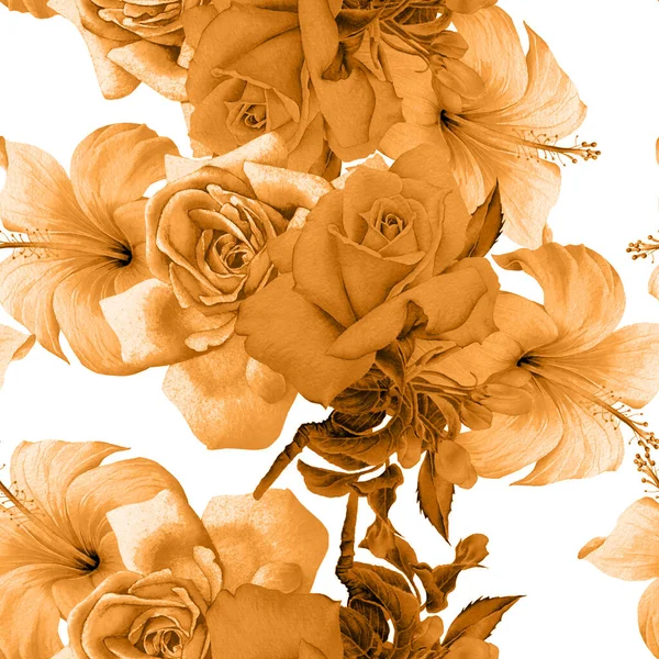 Ljust Sömlöst Mönster Med Blommor Hej Hibiscus Akvarell Illustration Handritad — Stockfoto
