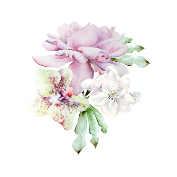 Buquê Aquarela Com Flores Rose Orquídea Ilustração Desenhado Mão — Fotografia de Stock