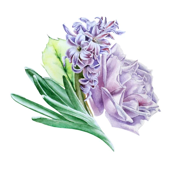 Ramo Acuarela Con Flores Rose Hyacinth Ilustración Dibujado Mano — Foto de Stock