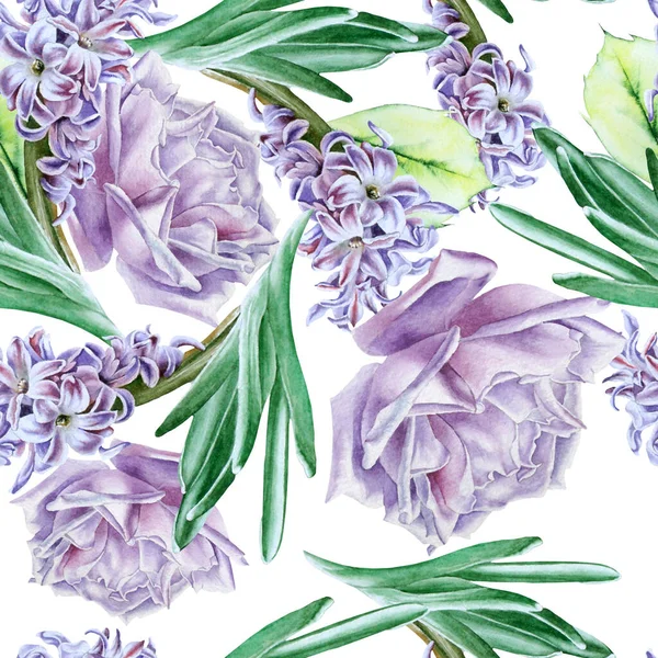 Bright Seamless Pattern Flowers Rose Hyacinth Watercolor Illustration Hand Drawn — Stock Photo, Image