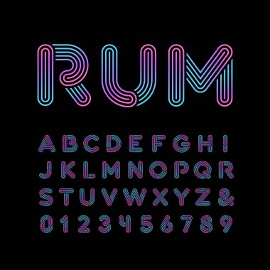 Neon font. Vector alphabet with neon stripes effect letters and  clipart