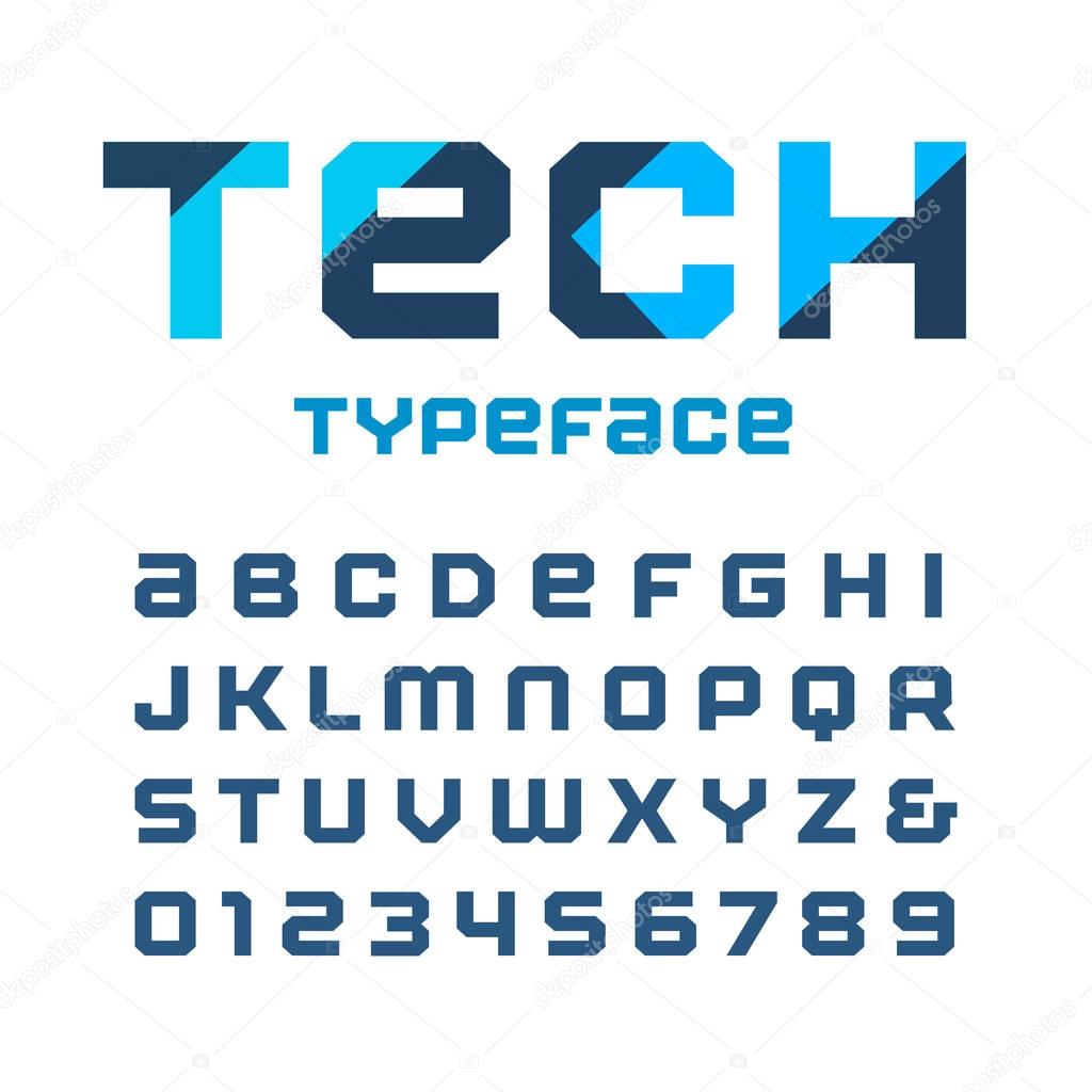 Tech square font. Vector alphabet with latin letters and numbers.
