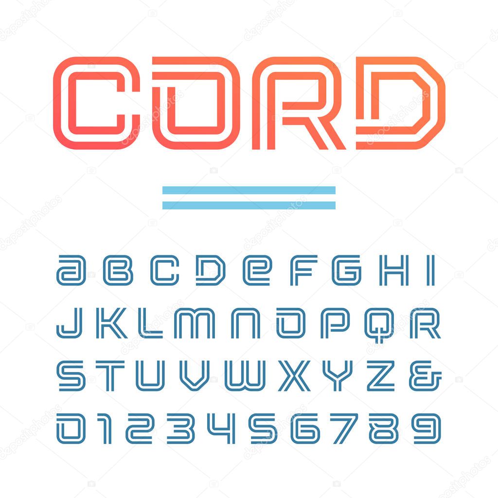 Linear font. Vector alphabet with stripes effect letters and numbers.