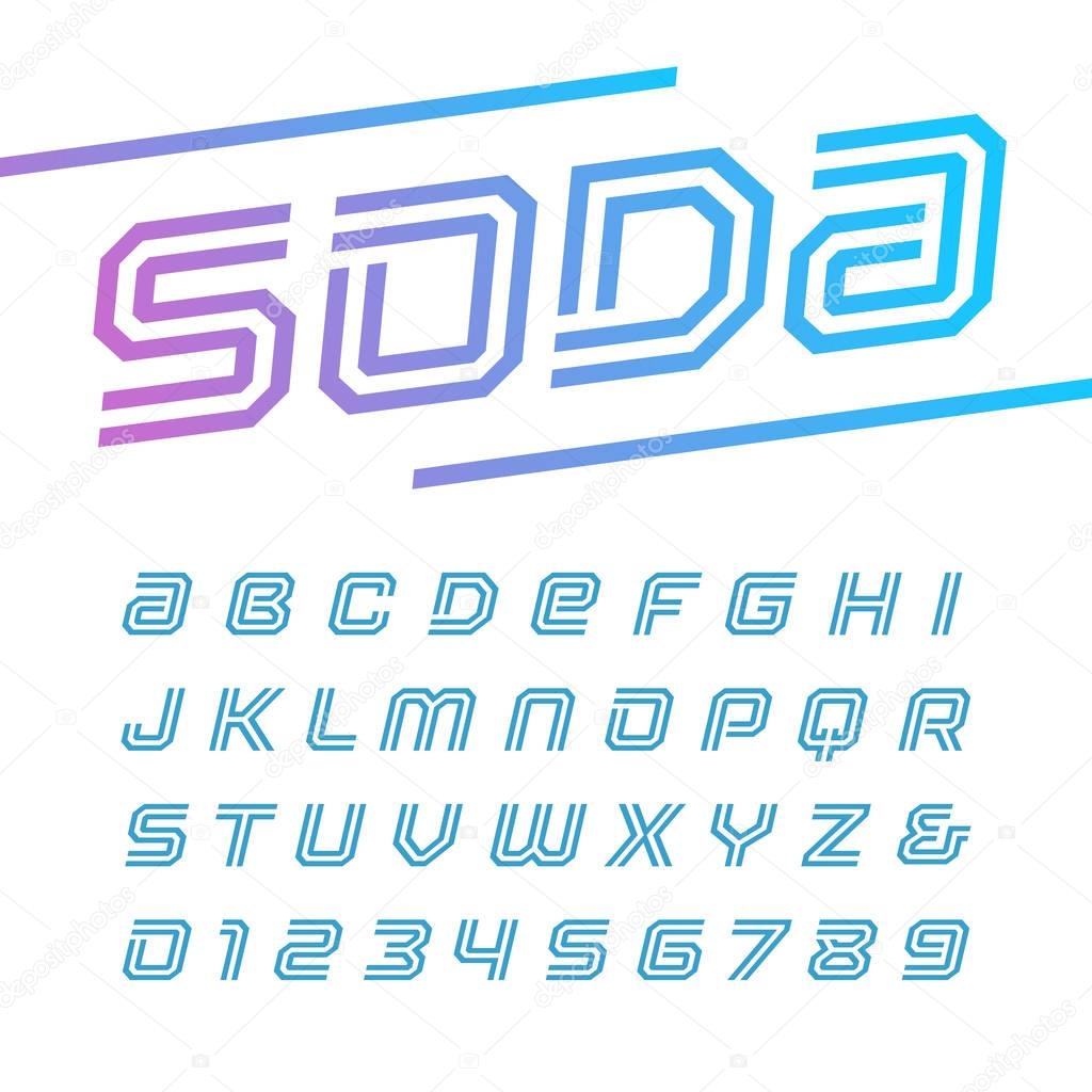 Linear italic font. Vector alphabet with stripes effect letters and numbers.