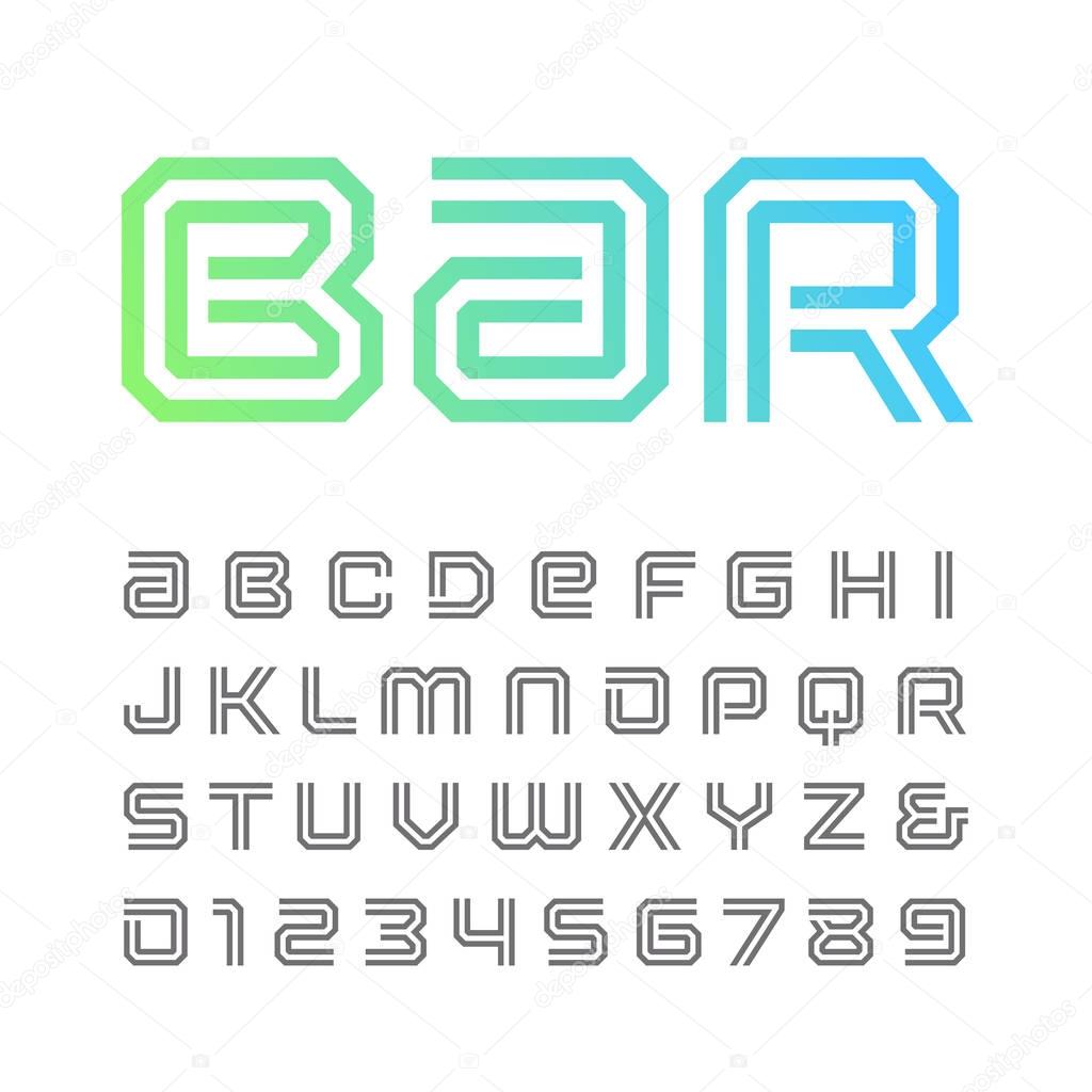 Linear font. Vector alphabet with stripes effect letters and numbers.