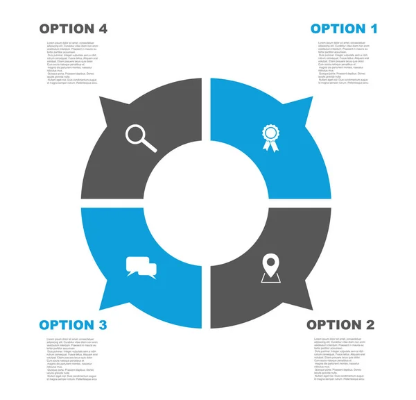 Modelo de infográfico de círculo vetorial plano de quatro passos com ícones — Vetor de Stock