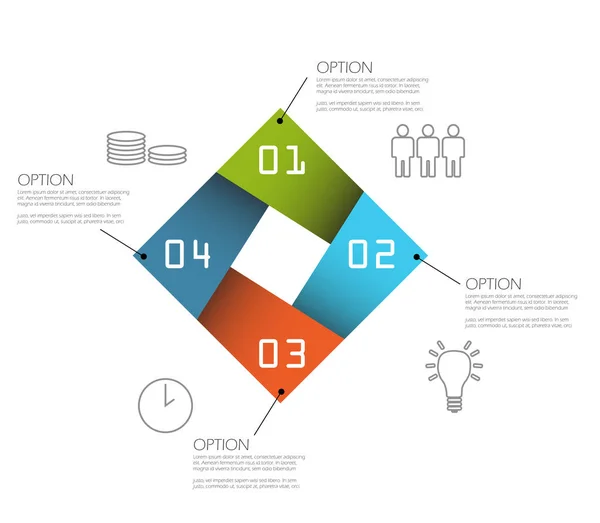 Vierstufige quadratische Infografik-Vorlage mit Symbolen — Stockvektor