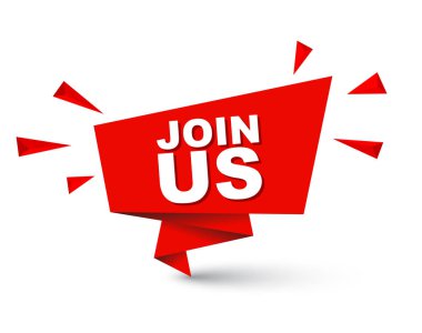 Kırmızı kolay vektör illüstrasyon izole kağıt kabarcık afiş bize katılın. Bu öğe için web tasarım iyi adapte.