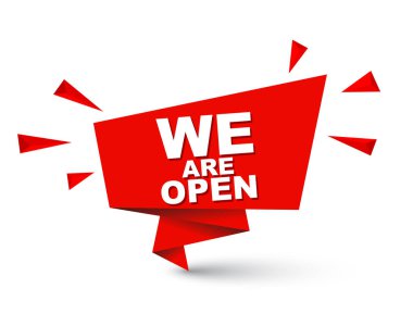 Kırmızı kolay vektör illüstrasyon izole kağıt kabarcık afiş biz açıktır. Bu öğe için web tasarım iyi adapte.