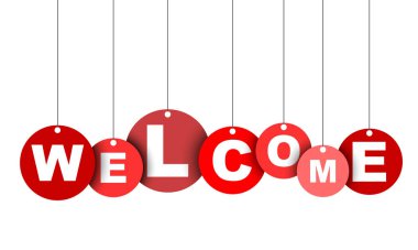 Kırmızı kolay vektör illüstrasyon izole daire etiketi afiş hoş geldiniz. Bu öğe için web tasarım iyi adapte.
