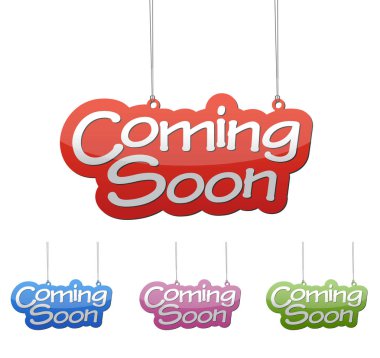 Vektör çizimler izole etiketi afiş coming soon dört renk VARIANT kırmızı, mavi, mor ve yeşil olarak ayarlayın. Bu web tasarımı için uyarlanmış wel öğedir.