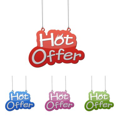 Vektör çizimler izole etiketi afiş sıcak teklif dört renk varyant kırmızı, mavi, mor ve yeşil ayarlayın. Bu web tasarımı için uyarlanmış wel öğedir.