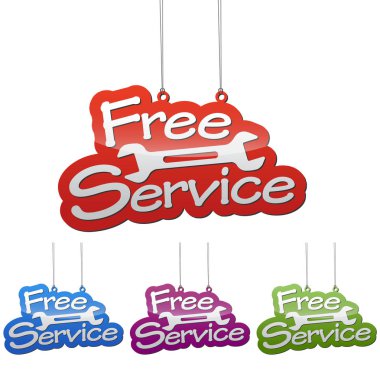 Vektör çizimler izole etiketi banner Servisi dört renk varyant kırmızı, mavi, mor ve yeşil ayarlayın. Bu web tasarımı için uyarlanmış wel öğedir.