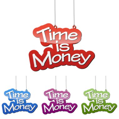 Set vektör çizimler izole etiketi afiş vakit nakittir dört renk varyant kırmızı, mavi, mor ve yeşil. Bu web tasarımı için uyarlanmış wel öğedir.