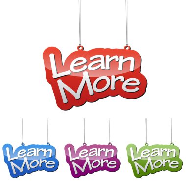 Set vektör çizimler izole etiketi afiş öğrenmek daha dört renk varyant kırmızı, mavi, mor ve yeşil. Bu web tasarımı için uyarlanmış wel öğedir.