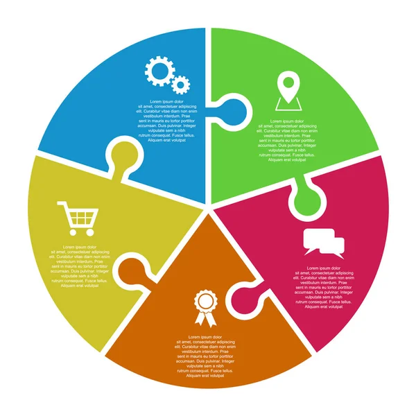 Cinco pasos círculo rompecabezas vector plantilla de infografía con iconos — Vector de stock