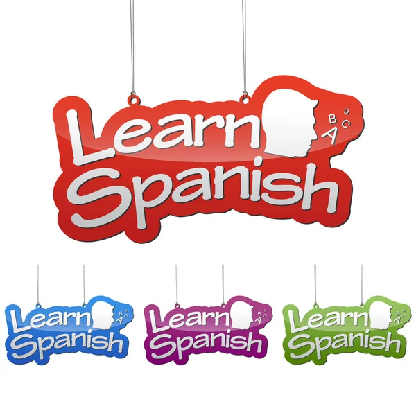 Sada vektorové ilustrace izolované značky banner učit španělsky v čtyři barevné varianty červené, modré, fialové a zelené. Tento prvek je wel přizpůsobený pro web design. — Stockový vektor