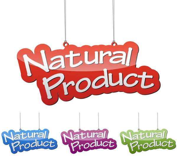 Vektor illusztrációk elszigetelt tag banner természetes termék településen négy színes változata, piros, kék, lila és zöld. Ez az elem a wel igazítani a web design. — Stock Vector