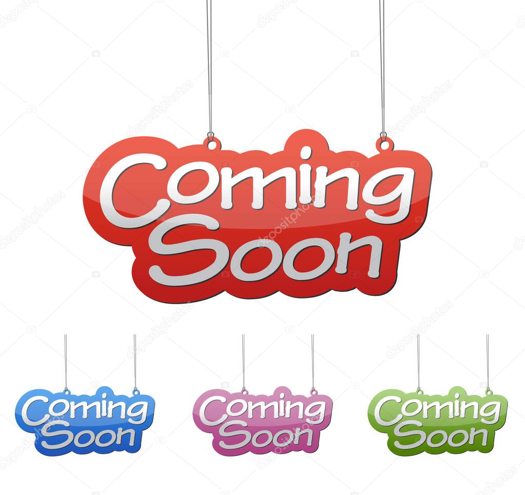 Set vector illustrations isolated tag banner coming soon in four color variant red, blue, purple and green. This element is wel adapted for web design.