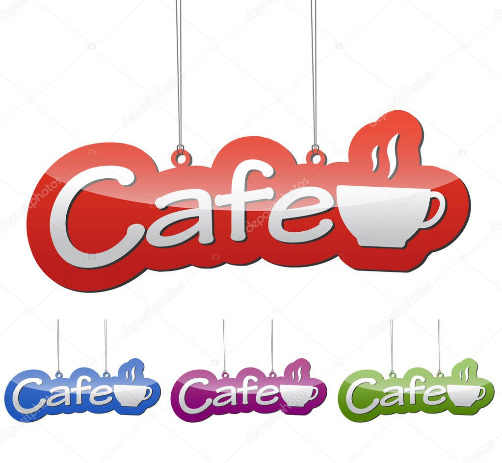 Set vector illustrations isolated tag banner cafe in four color variant red, blue, purple and green. This element is wel adapted for web design.