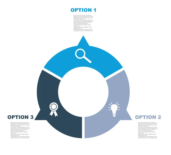 Modelo de infográfico de círculo vetorial plano de três passos com ícones —  Vetores de Stock