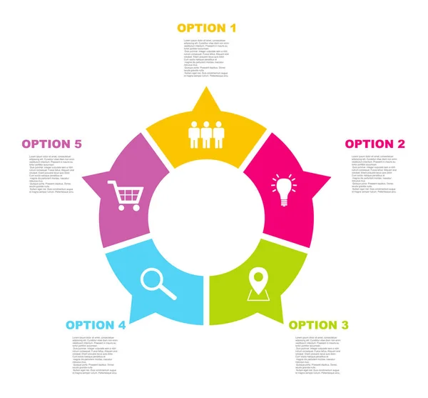 Öt lépés lapos vektor kör infographic mintadeszka-val ikonok — Stock Vector