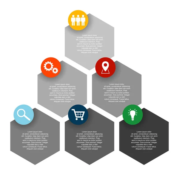 Modelo de infográfico vetorial plano hexágono de seis passos com ícones — Vetor de Stock