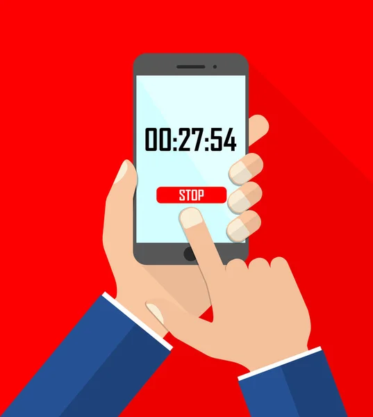 Design piatto smartphone illustrazione vettoriale con le mani - cronometro — Vettoriale Stock
