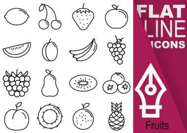 Düzenlenebilir kontur 70 x 70 piksel. Meyve basit bir Set on altı düz çizgi simgeler dikey banner - limon, kiraz, çilek, elma, karpuz, Erik, muz, üzüm, ahududu, armut, kivi, yaban mersini ile vektör, 