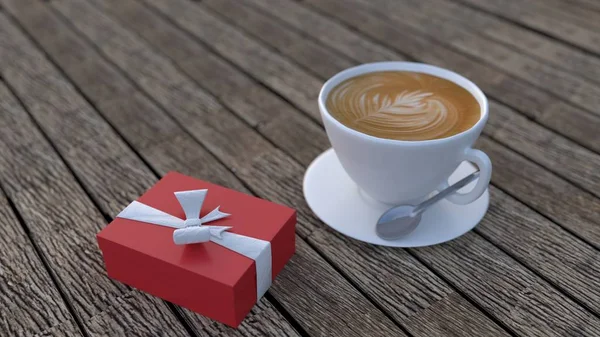 Cappuccino and red christmas gift box on boardwalk background with silver spoon — Stock Photo, Image