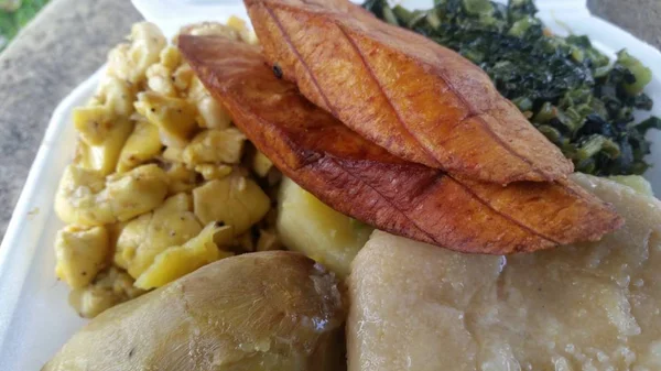 Ackee plantain and callaloo breakfast — Stock Photo, Image