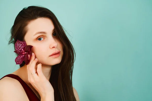 Young girl with a burgundy flower near her face on a turquoise background — Stock Photo, Image