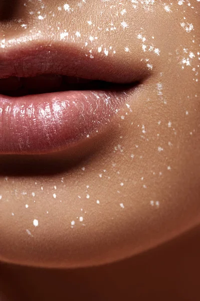 White Paint Drops on Face and Lips — Stock Photo, Image