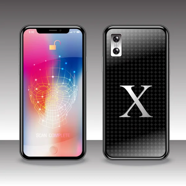 Yeni siyah telefon, yüz sistem inceden inceye gözden geçirmek, siyah Smartphone vektör Mock-Up, vektör çizim.