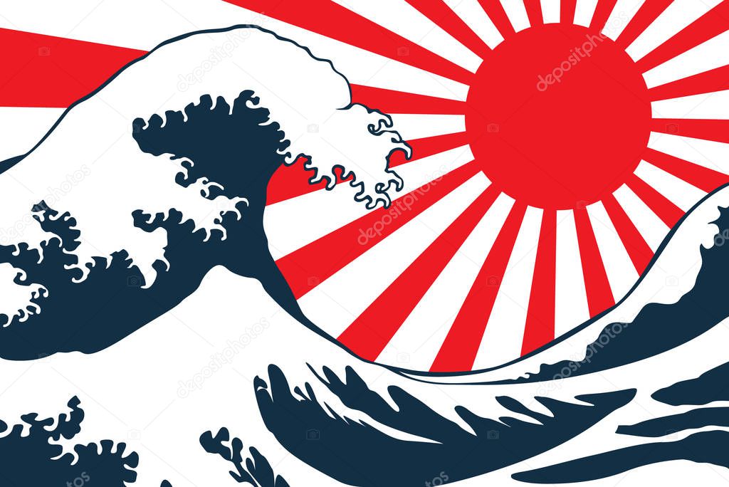 wave vector illustration Japanese and Red Sun Shine. japan background. hand drawn illustration of japan