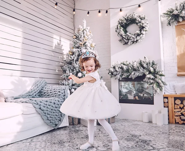 Little Girl Elegant Winter White Dress Dancing Room Scandinavian Interior — Stock Photo, Image