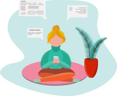Oturup haberci kızı okuyan düz stil bir illüstrasyon. Kız elinde bir akıllı telefon tutuyor ve haberleri okuyor..