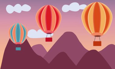 Dağların üzerinde uçan renkli balonların çizimi. Hava Taşımacılığı. Romantik balon gezisi.
