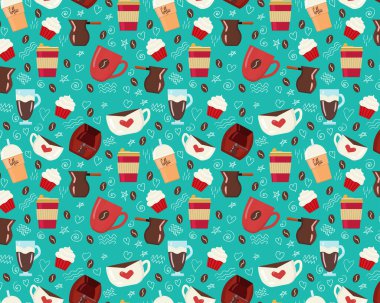 Yeşil arka planda, kahve dükkanındaki elementlerle kusursuz bir desen. Kahve desenli bardaklar, kahve makinesi ve kek.. 