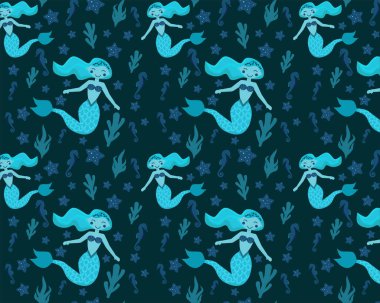 Yüzen denizkızlarıyla kusursuz vektör deseni. Kalıbı tekstil, giysi, ambalaj kağıdı baskısı için uygundur..