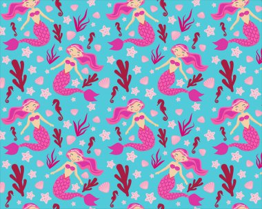Yüzen denizkızlarıyla kusursuz vektör deseni. Kalıbı tekstil, giysi, ambalaj kağıdı baskısı için uygundur..