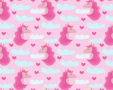 Pembe tek boynuzlu at, bulutlar ve kalplerle kusursuz desen çizimi..