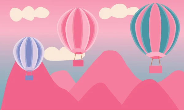 Απεικόνιση Πολύχρωμα Μπαλόνια Που Πετούν Πάνω Από Βουνά Αεροπορικές Μεταφορές — Διανυσματικό Αρχείο