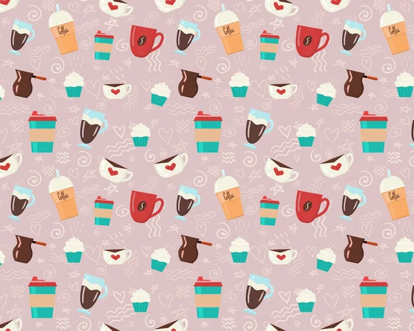 Pembe arka planda kusursuz desenler ve kahve dükkanındaki elementler. Kahve desenli bardaklar, kahve makinesi ve kek.. 